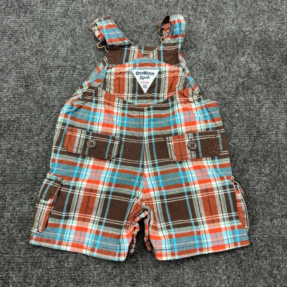OshKosh Bgosh Baby Boys Plaid Cargo Shortalls Brown Orange Blue Utility Overalls